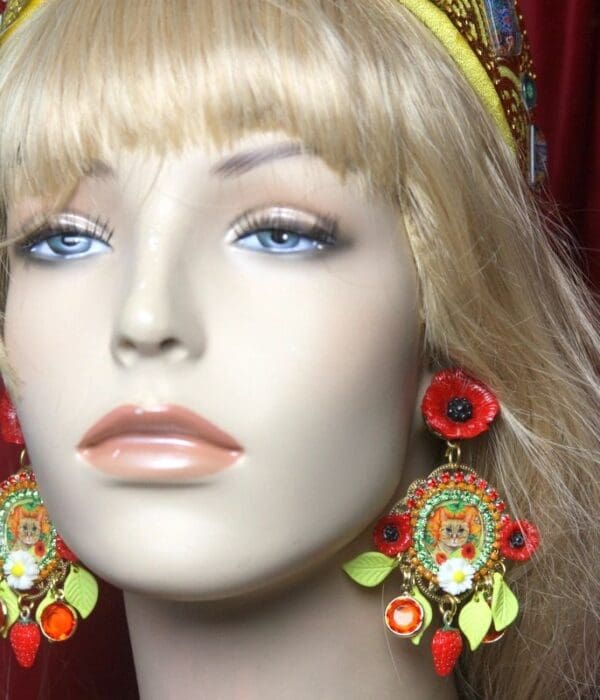 SOLD! 2661 Victorian Cat Print Poppy Daisy Leaf Stunning Studs Earrings - Image 5