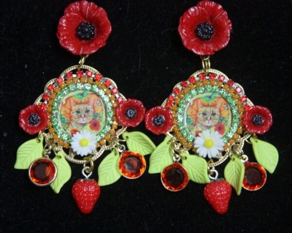 SOLD! 2661 Victorian Cat Print Poppy Daisy Leaf Stunning Studs Earrings - Image 7