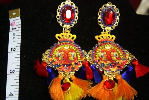 SOLD! 2665 Sicilian Knight Print Tassel Crown Crystal Earrings - Image 5