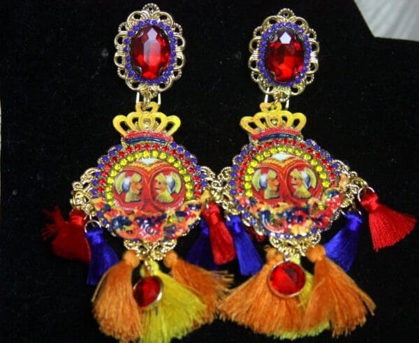 SOLD! 2665 Sicilian Knight Print Tassel Crown Crystal Earrings - Image 6