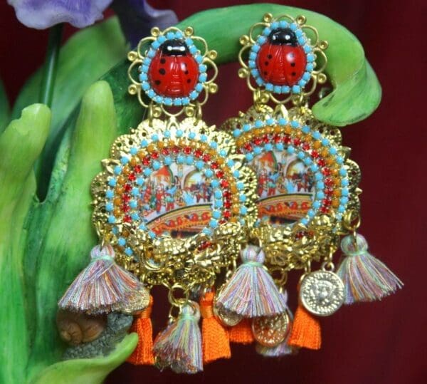SOLD!2666 Sicilian Taormina Caretti Print Ladybug Tassel Studs Earrings