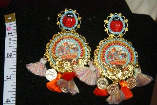 SOLD!2666 Sicilian Taormina Caretti Print Ladybug Tassel Studs Earrings - Image 6