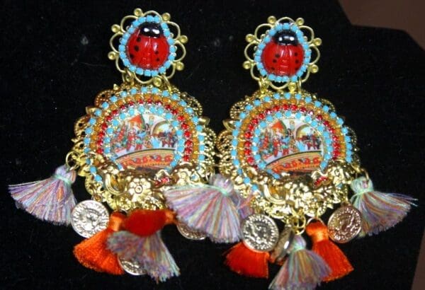 SOLD!2666 Sicilian Taormina Caretti Print Ladybug Tassel Studs Earrings - Image 7