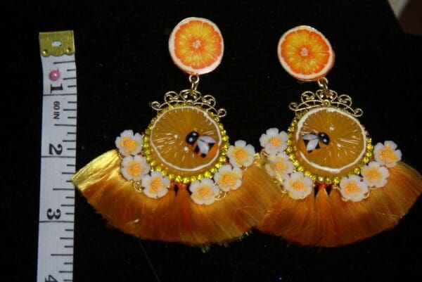 SOLD! 2669 BAroque Inspiration Silky Tassel Bee Orange Fruit Stunning Earrings - Image 5