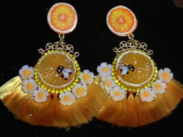 SOLD! 2669 BAroque Inspiration Silky Tassel Bee Orange Fruit Stunning Earrings - Image 6