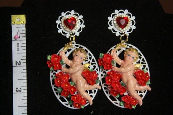 SOLD! 2678 Baroque Hand Painted Red Rose Cherub Stunning Crystal Earrings - Image 4