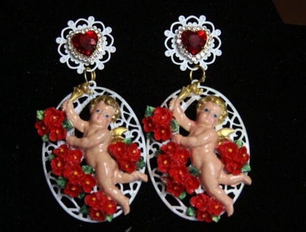 SOLD! 2678 Baroque Hand Painted Red Rose Cherub Stunning Crystal Earrings - Image 5