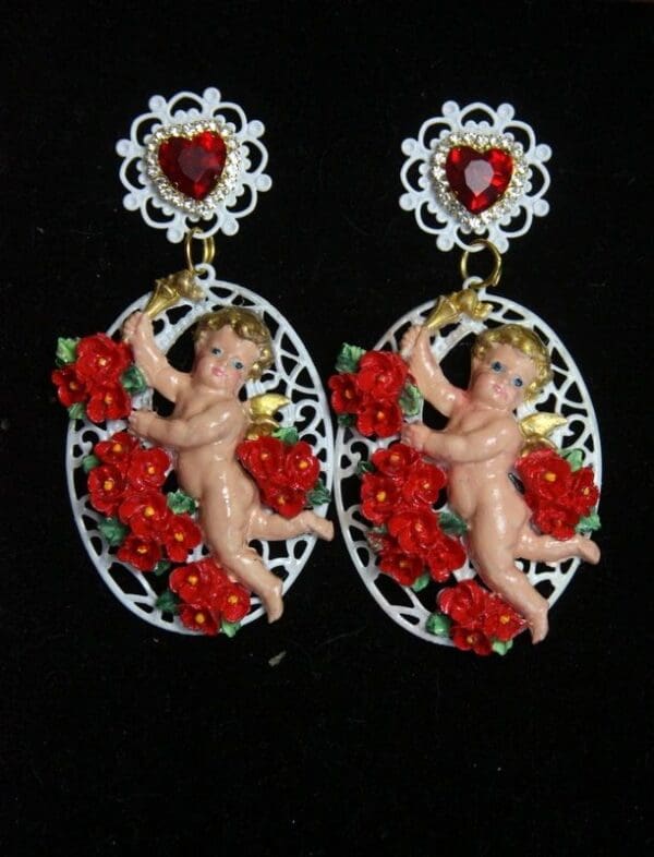 SOLD! 2678 Baroque Hand Painted Red Rose Cherub Stunning Crystal Earrings - Image 6