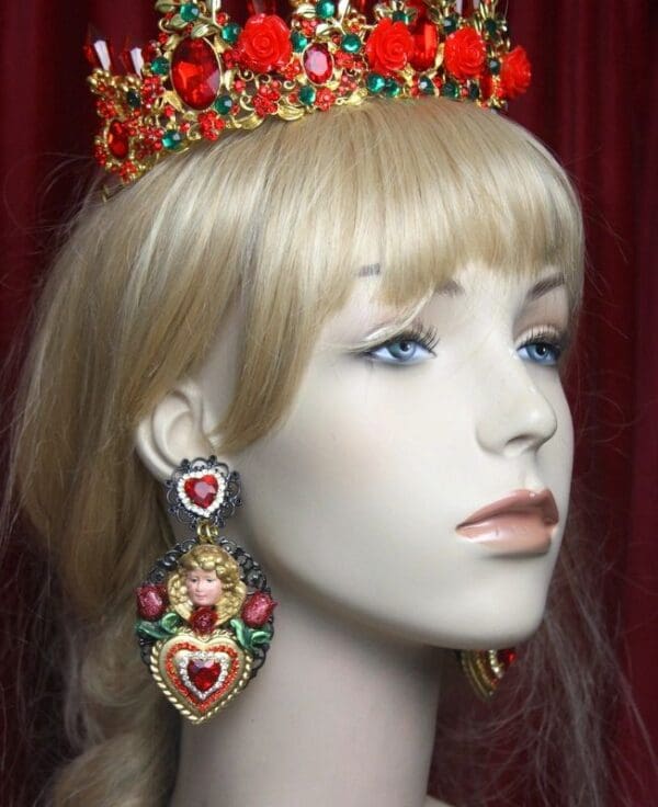 SOLD! 2681 Total Baroque Hand Painted Cherub Heart Crystal Earrings - Image 2