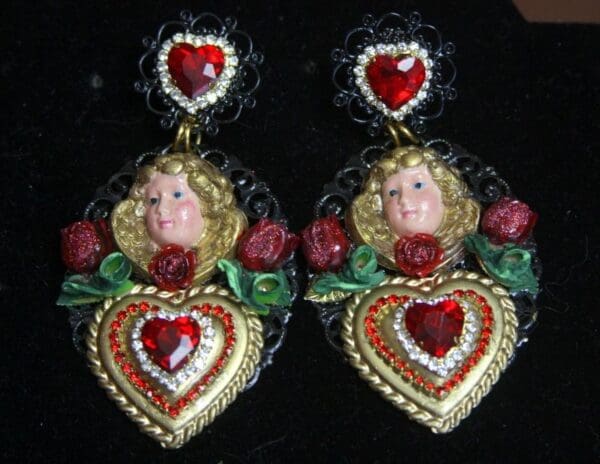 SOLD! 2681 Total Baroque Hand Painted Cherub Heart Crystal Earrings - Image 6