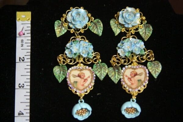 SOLD! 2682 Stunning DangleHand Painted Leaf Flower Heart Cherub Earrings - Image 5