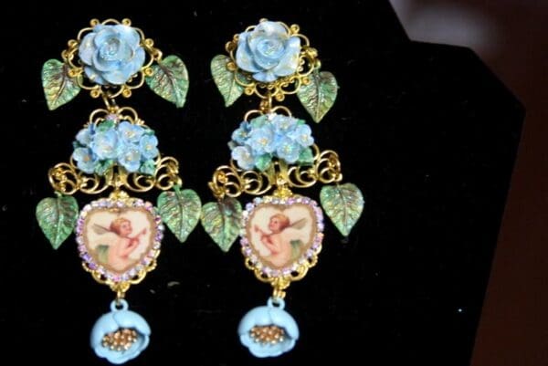 SOLD! 2682 Stunning DangleHand Painted Leaf Flower Heart Cherub Earrings - Image 6