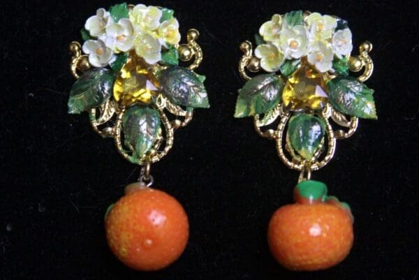 SOLD! 2686 Sicilian Orange Fruit Hand Painted Flower Earrings Studs - Image 6