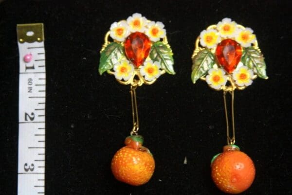 SOLD! 2687 Sicilian Orange Dangle Fruit Hand Painted Flower Earrings Studs - Image 6