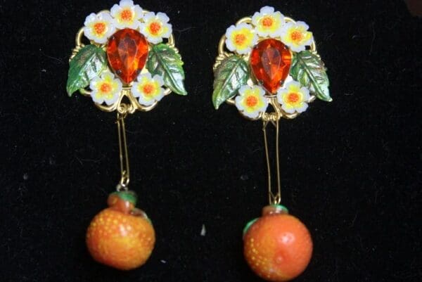 SOLD! 2687 Sicilian Orange Dangle Fruit Hand Painted Flower Earrings Studs - Image 7