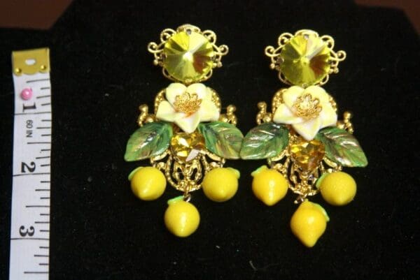 SOLD! 2689 Sicilian Lemon Crystal Fruit Hand Painted Flower Earrings Studs - Image 9
