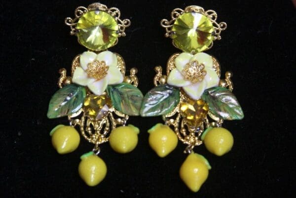 SOLD! 2689 Sicilian Lemon Crystal Fruit Hand Painted Flower Earrings Studs - Image 10