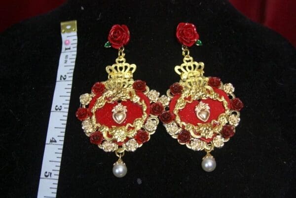 SOLD! 2693 Total BAroque Sacred Heart Crown Rose Earrings - Image 7