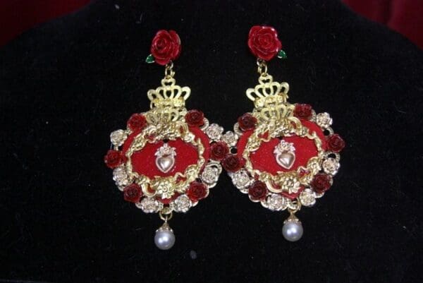 SOLD! 2693 Total BAroque Sacred Heart Crown Rose Earrings - Image 8