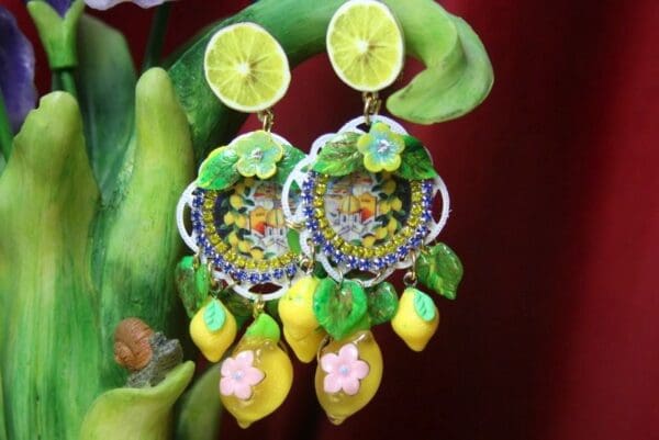 SOLD! 2709 Sicilian Tile Taormina Print Lemon Fruie Daisy Studs Earrings - Image 2