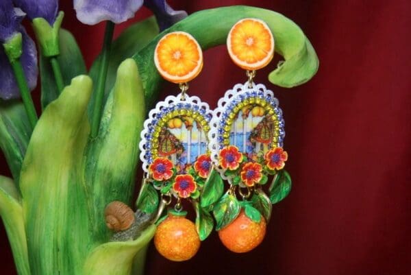 SOLD! 2710 Sicilian Tile Print Orange Fruit Butterfly Studs Earrings - Image 2