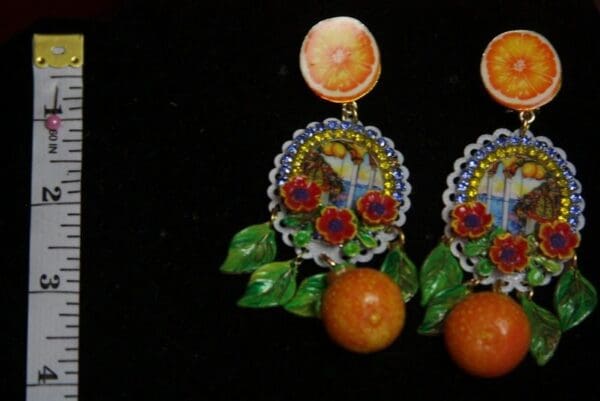 SOLD! 2710 Sicilian Tile Print Orange Fruit Butterfly Studs Earrings - Image 5