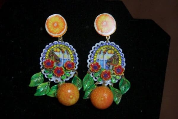 SOLD! 2710 Sicilian Tile Print Orange Fruit Butterfly Studs Earrings - Image 6