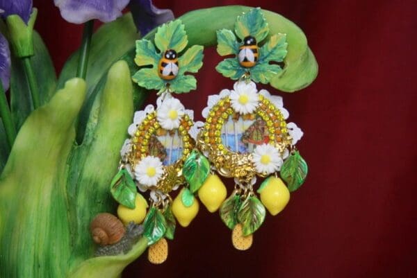 SOLD! 2711 Sicilian Tile Taormina Print Lemon Fruit Bee Daisy Studs Earrings - Image 5
