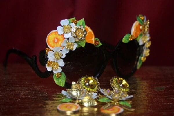 SOLD! 2727 BAroque Orange Fruit Flower Enamel Black Frame Sunglasses - Image 5