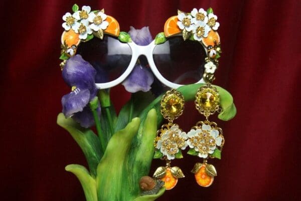 SOLD! 2729 Sided Baroque Orange Fruit Flower Enamel White Frame Sunglasses - Image 4
