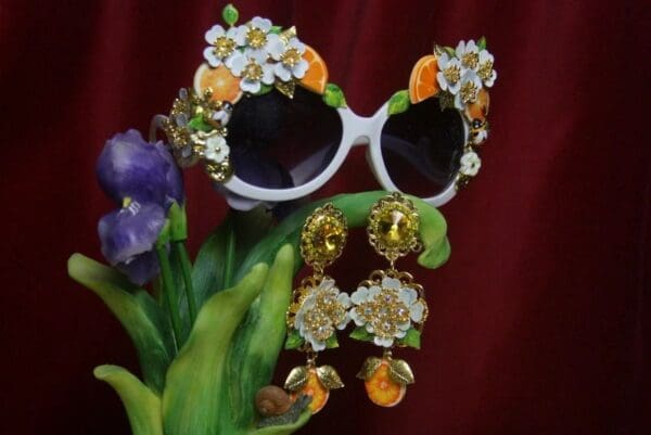SOLD! 2729 Sided Baroque Orange Fruit Flower Enamel White Frame Sunglasses - Image 5