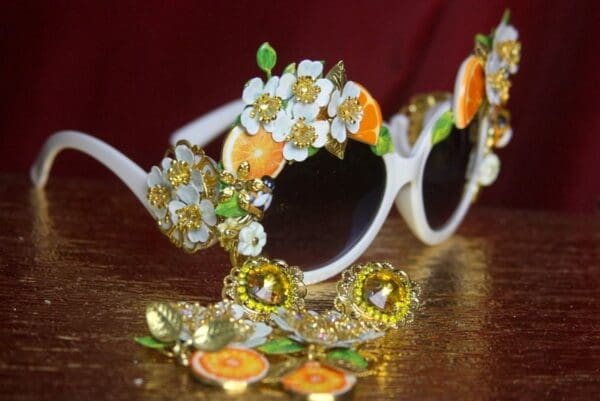 SOLD! 2729 Sided Baroque Orange Fruit Flower Enamel White Frame Sunglasses - Image 6