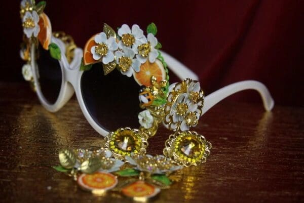 SOLD! 2729 Sided Baroque Orange Fruit Flower Enamel White Frame Sunglasses - Image 7