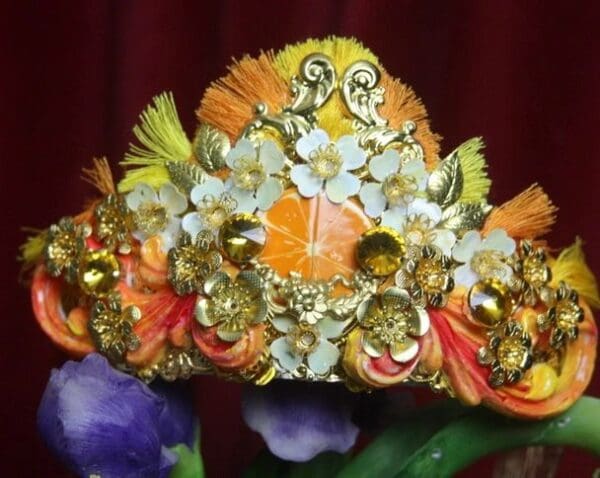 SOLD! 2745 Sicilian Baroque Orange Fruit Hand Painted Tassel Tall Crown - Image 2