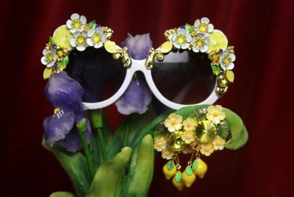 SOLD!2755 Lemon Sicilian Fruit Hand Painted Flower Embellished Sunglasses - Image 6