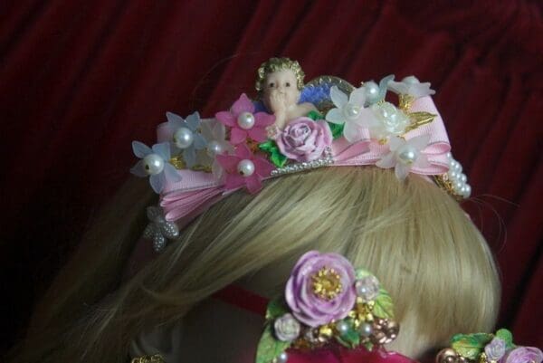 SOLD! 2760 Baroque Bow Cherub Dangle Flowers Pearl Crystal Headband - Image 7