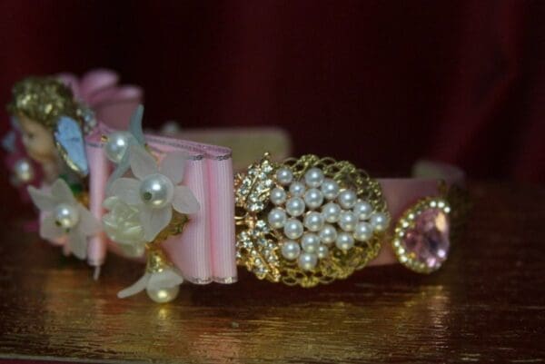 SOLD! 2760 Baroque Bow Cherub Dangle Flowers Pearl Crystal Headband - Image 9