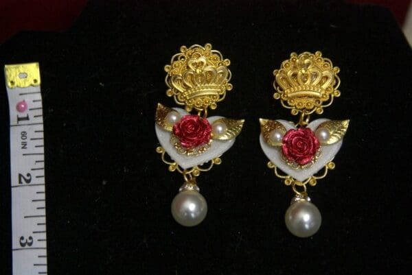SOLD! 2766 Baroque New Collection White Heart Rose Crown Elegant Earrings - Image 6