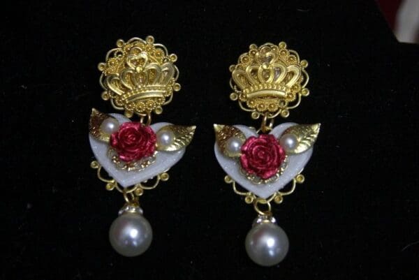 SOLD! 2766 Baroque New Collection White Heart Rose Crown Elegant Earrings - Image 7