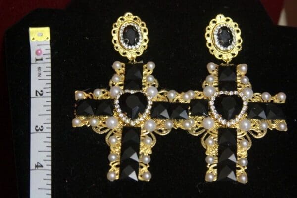 SOLD! 2768 Alta Moda Baroque Massive Cross Black Crystal Pearl Earrings - Image 8