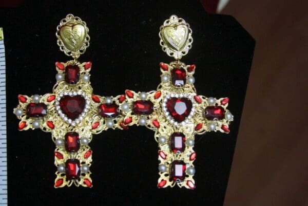 SOLD! 2769 Alta Moda Fall 2016 Baroque Huge Filigree Red Crystal Cross Studs - Image 9