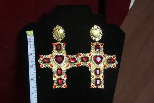 SOLD! 2769 Alta Moda Fall 2016 Baroque Huge Filigree Red Crystal Cross Studs - Image 10
