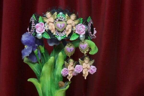 SOLD! 2770 Set Of Baroque Hand Painted Cherubs Roses Heart Lace Glitter Headband Tiara+ Earrings - Image 7