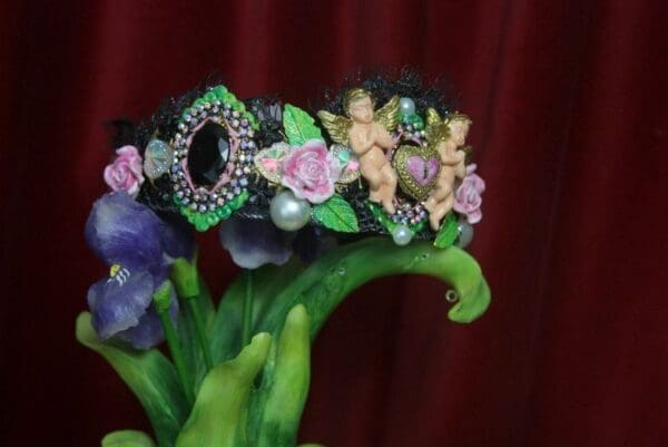 SOLD! 2770 Set Of Baroque Hand Painted Cherubs Roses Heart Lace Glitter Headband Tiara+ Earrings - Image 8