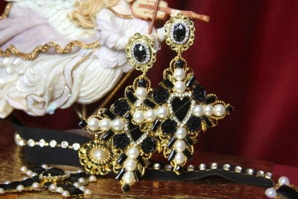 SOLD! 2784 Alta Moda Huge Black Heart Cross BAroque Earrings - Image 6