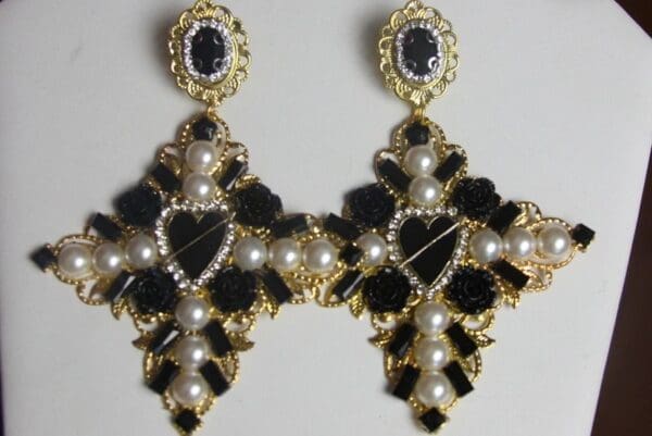 SOLD! 2784 Alta Moda Huge Black Heart Cross BAroque Earrings - Image 8