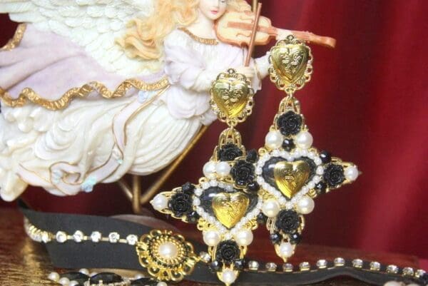 SOLD! 2785 Alta Moda Huge Black Heart Cross BAroque Earrings - Image 7