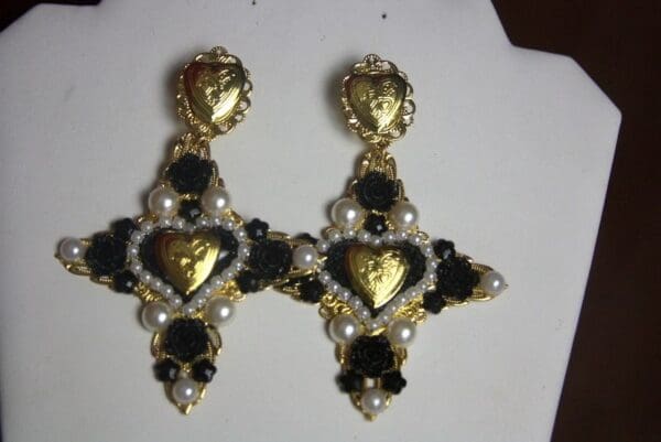 SOLD! 2785 Alta Moda Huge Black Heart Cross BAroque Earrings - Image 9