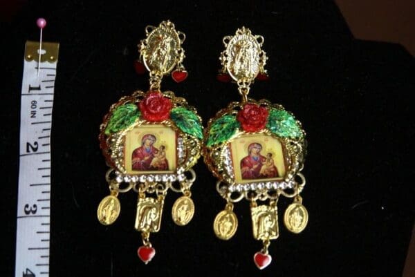 SOLD! 2787 Virgin Mary Hand Painted Leaf Rose Coin Hearts Earrings - Image 2