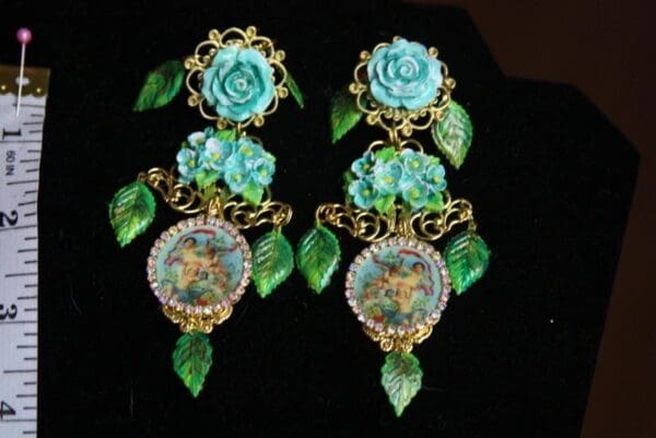SOLD! 2788 Stunning DangleHand Painted Leaf Flower Cherub Earrings - Image 2